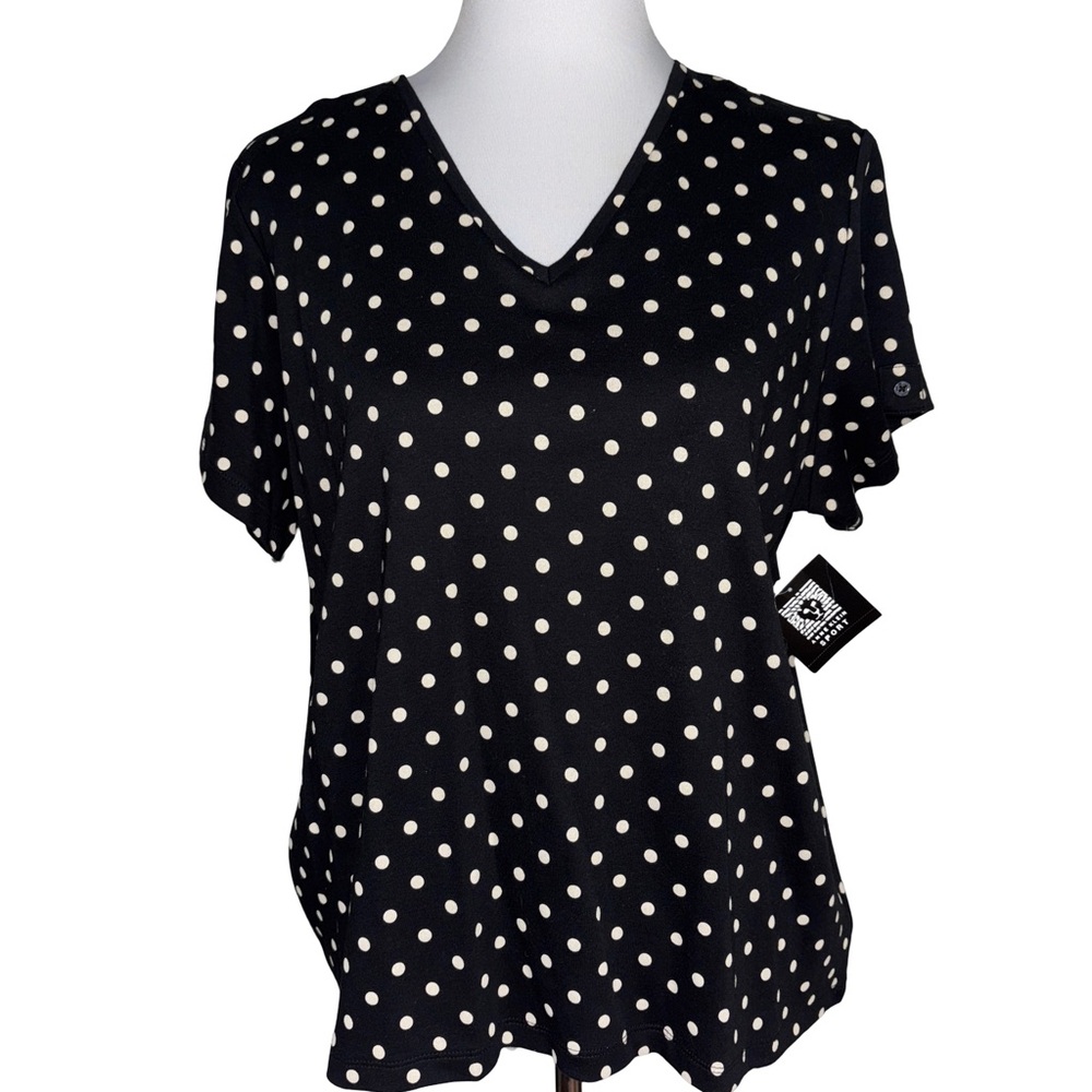 Anne Klein Black and White Polka Dot Short Sleeve Top